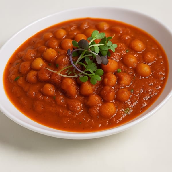 Aditi Indian Dining's chana masala, a chickpea curry in a rich red sauce, garnished with fresh greens.