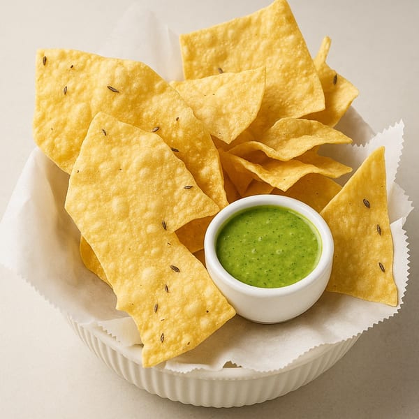 Crispy Indian papadum chips with cumin seeds, served with a vibrant green chutney in a white bowl.