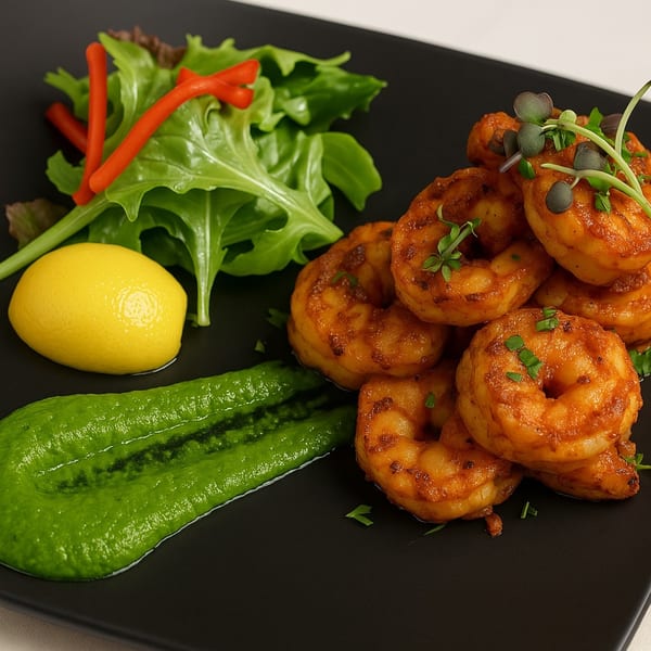 Aditi Indian Dining's grilled shrimp with green sauce, lemon, and a side salad.