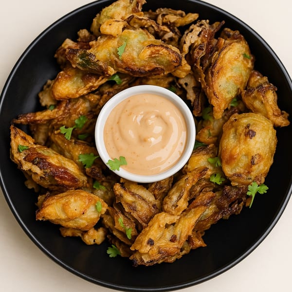 Aditi Indian Dining's crispy fried pakoras with a creamy dipping sauce and cilantro garnish.