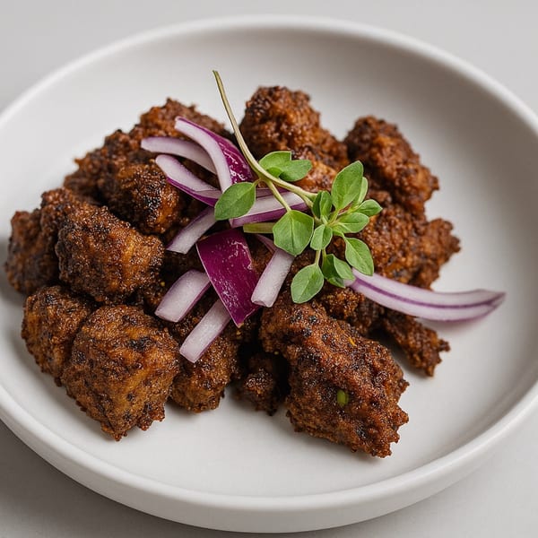 Aditi Indian Dining's chicken tikka, garnished with red onion slices and fresh herbs on a white plate.