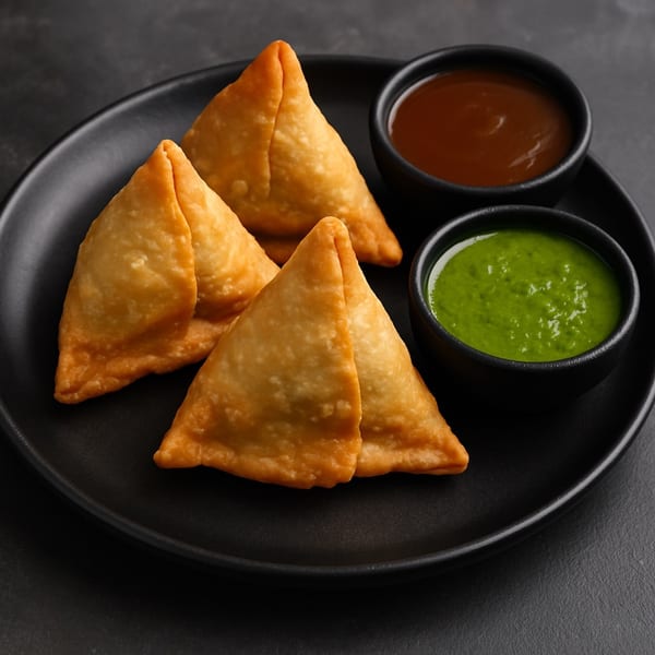 Three golden-brown samosas on a black plate, served with green and brown chutneys.