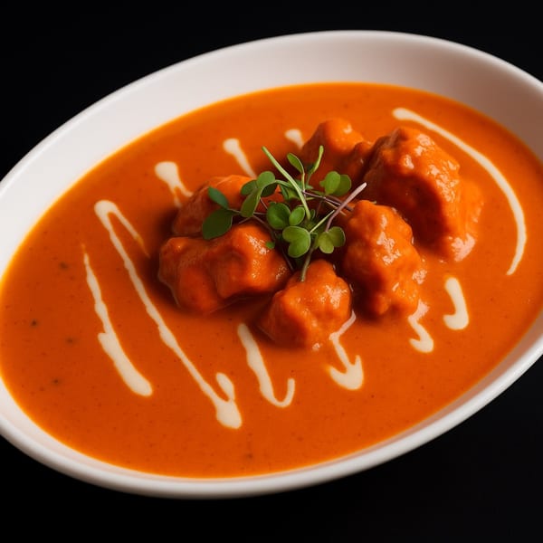 Aditi Indian Dining's butter chicken, garnished with cream swirls and fresh microgreens in a white bowl.